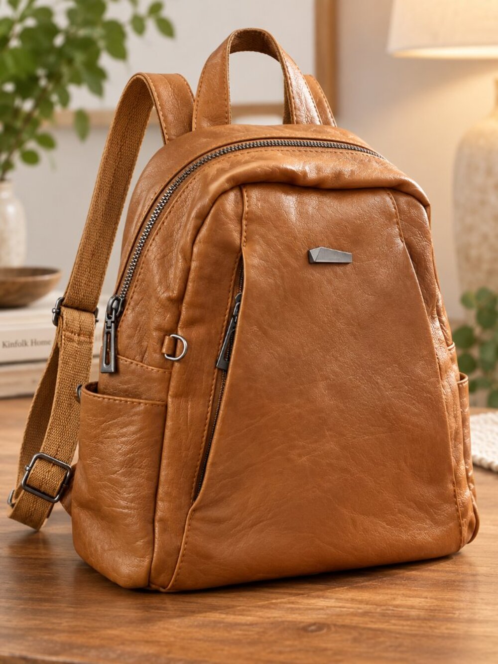 Brown Faux Leather Backpack Adjustable Straps Zip Pockets Small Medium Travel Ba